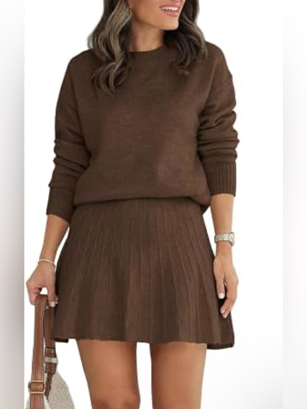 Coffee Brown Knit Pleated Mini Skirt & Sweater  - Women's Brown Skirt Set